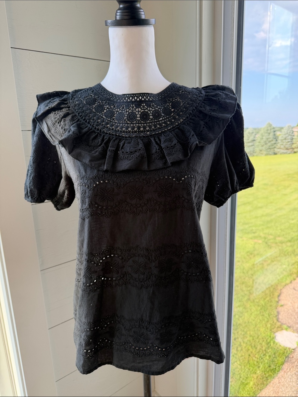 Bluivy Black Eyelet Ruffle Yoke Short Sleeve Blouse